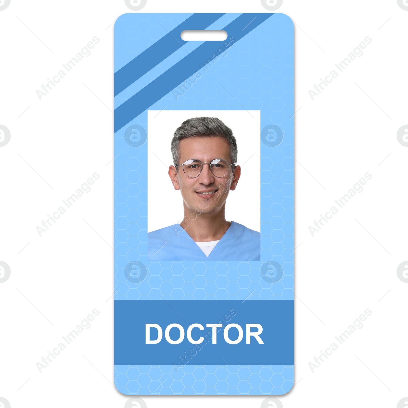 Image of Doctor's badge with photo of man on white background