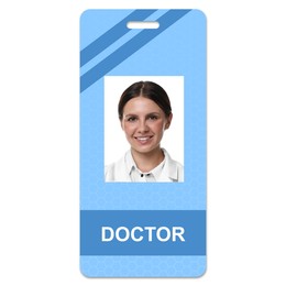 Image of Doctor's badge with photo of woman on white background