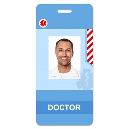 Image of Doctor's badge with photo of man on white background