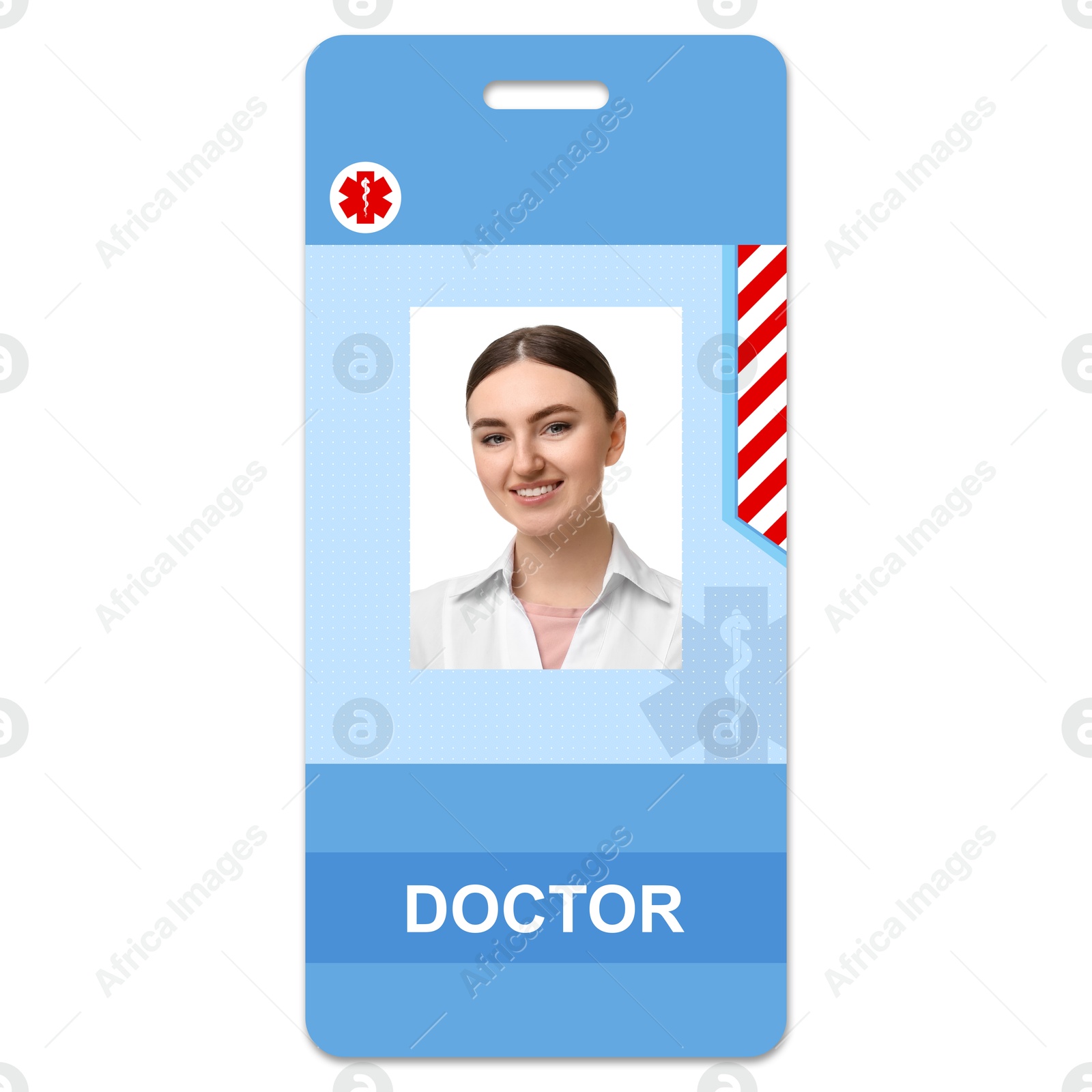 Image of Doctor's badge with photo of woman on white background