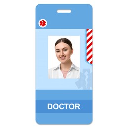 Image of Doctor's badge with photo of woman on white background