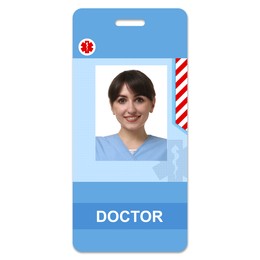 Image of Doctor's badge with photo of woman on white background