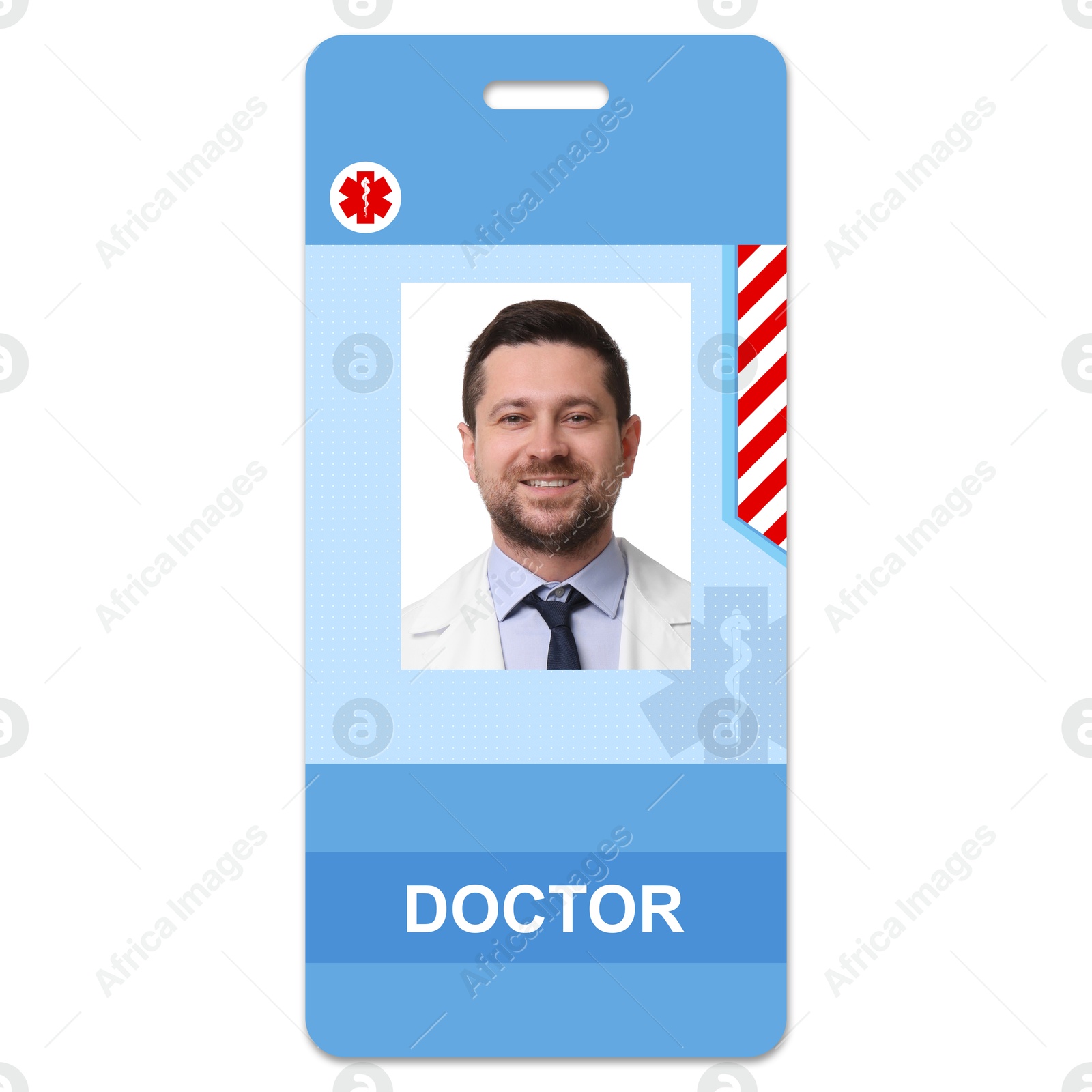 Image of Doctor's badge with photo of man on white background