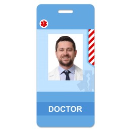 Image of Doctor's badge with photo of man on white background