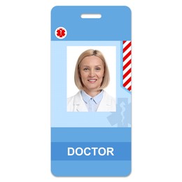 Image of Doctor's badge with photo of woman on white background