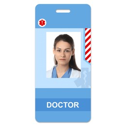 Doctor's badge with photo of woman on white background