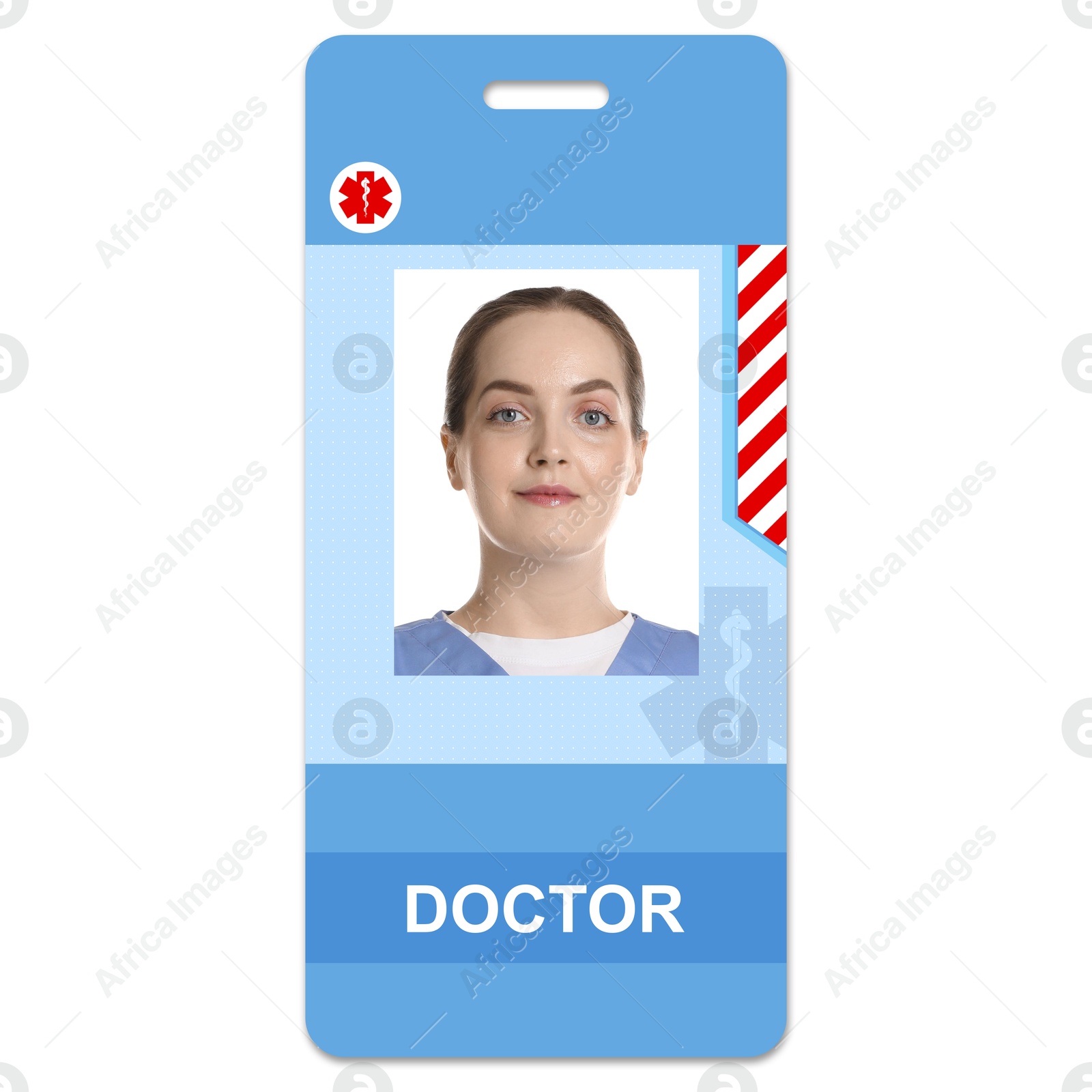 Image of Doctor's badge with photo of woman on white background