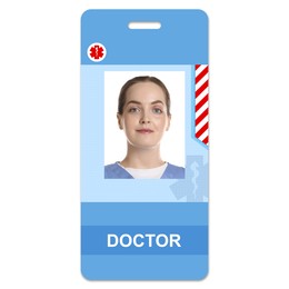 Doctor's badge with photo of woman on white background