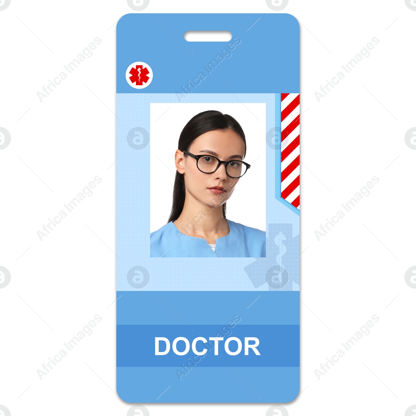 Image of Doctor's badge with photo of woman on white background