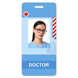 Doctor's badge with photo of woman on white background