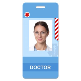 Image of Doctor's badge with photo of woman on white background