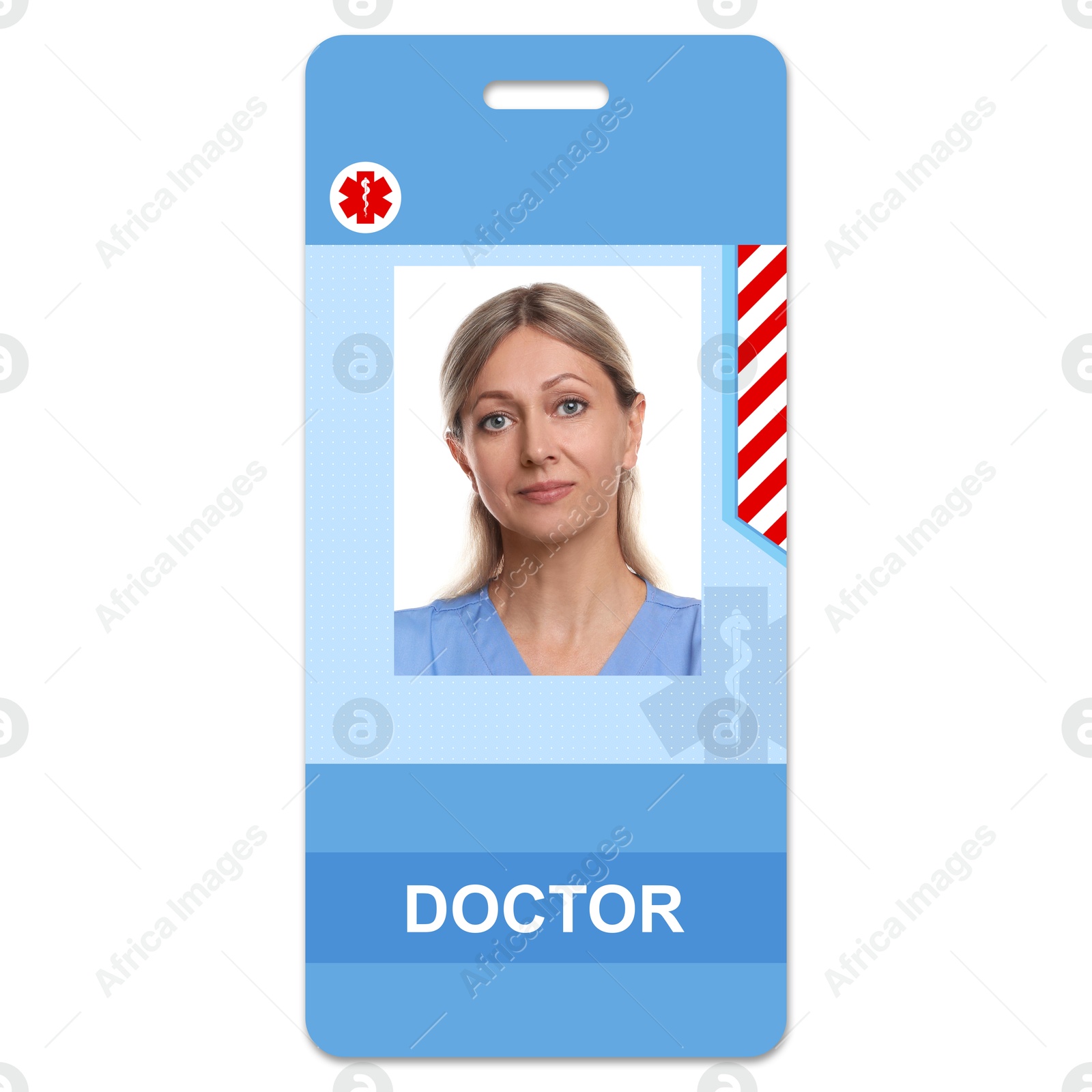 Image of Doctor's badge with photo of woman on white background