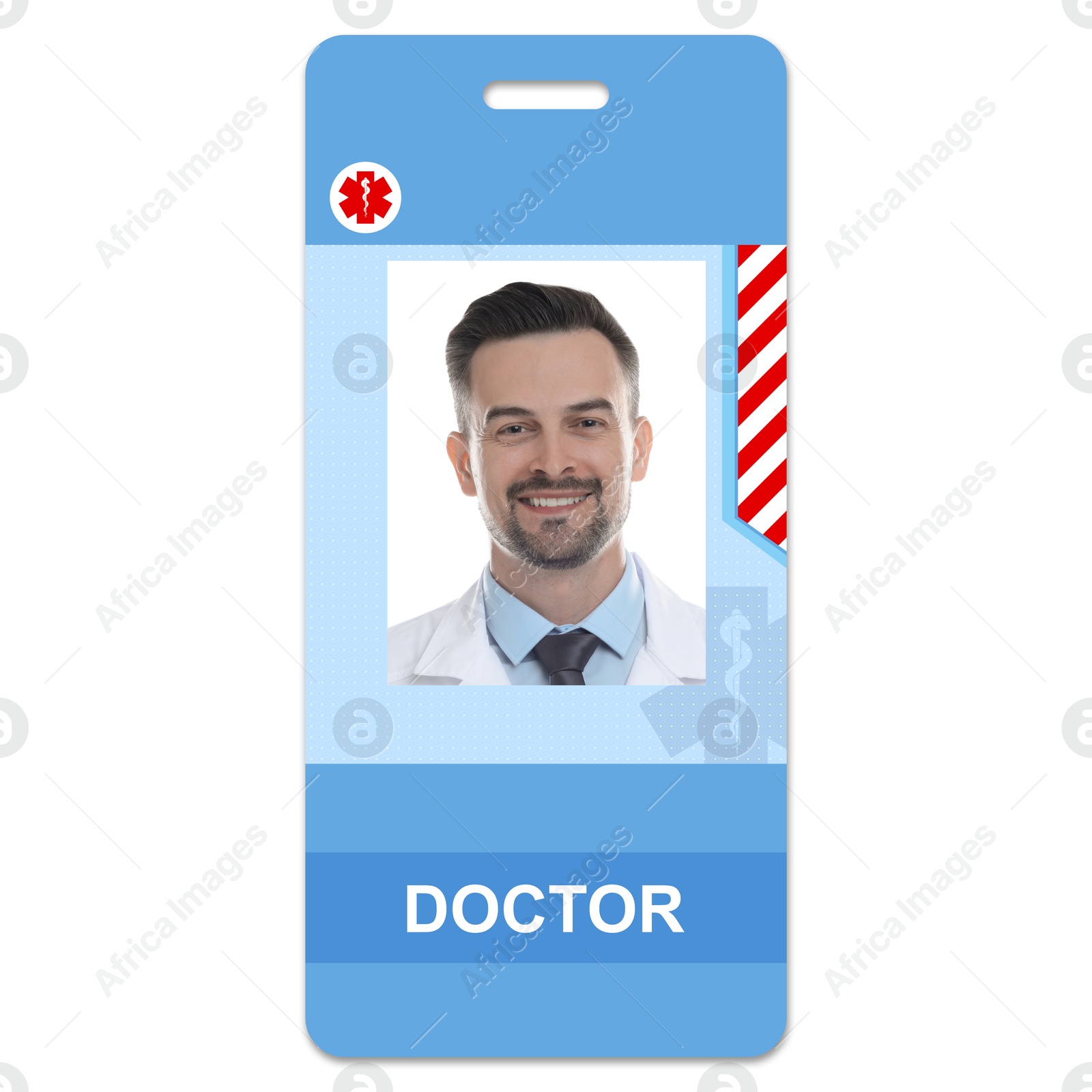 Image of Doctor's badge with photo of man on white background