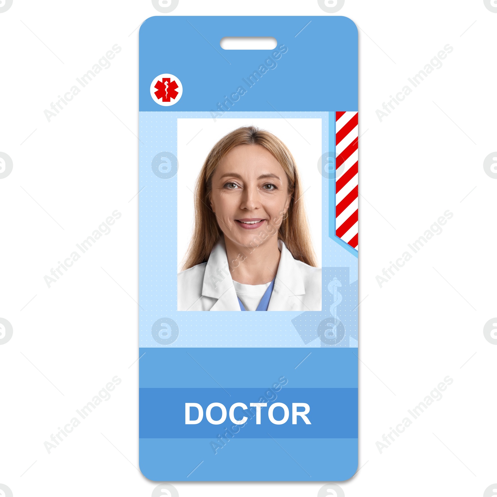 Image of Doctor's badge with photo of woman on white background