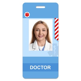 Image of Doctor's badge with photo of woman on white background