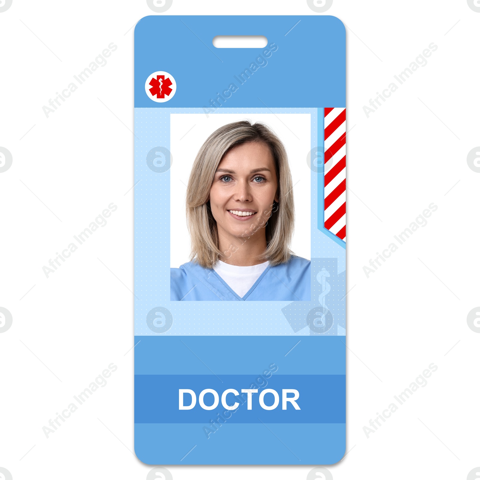 Image of Doctor's badge with photo of woman on white background