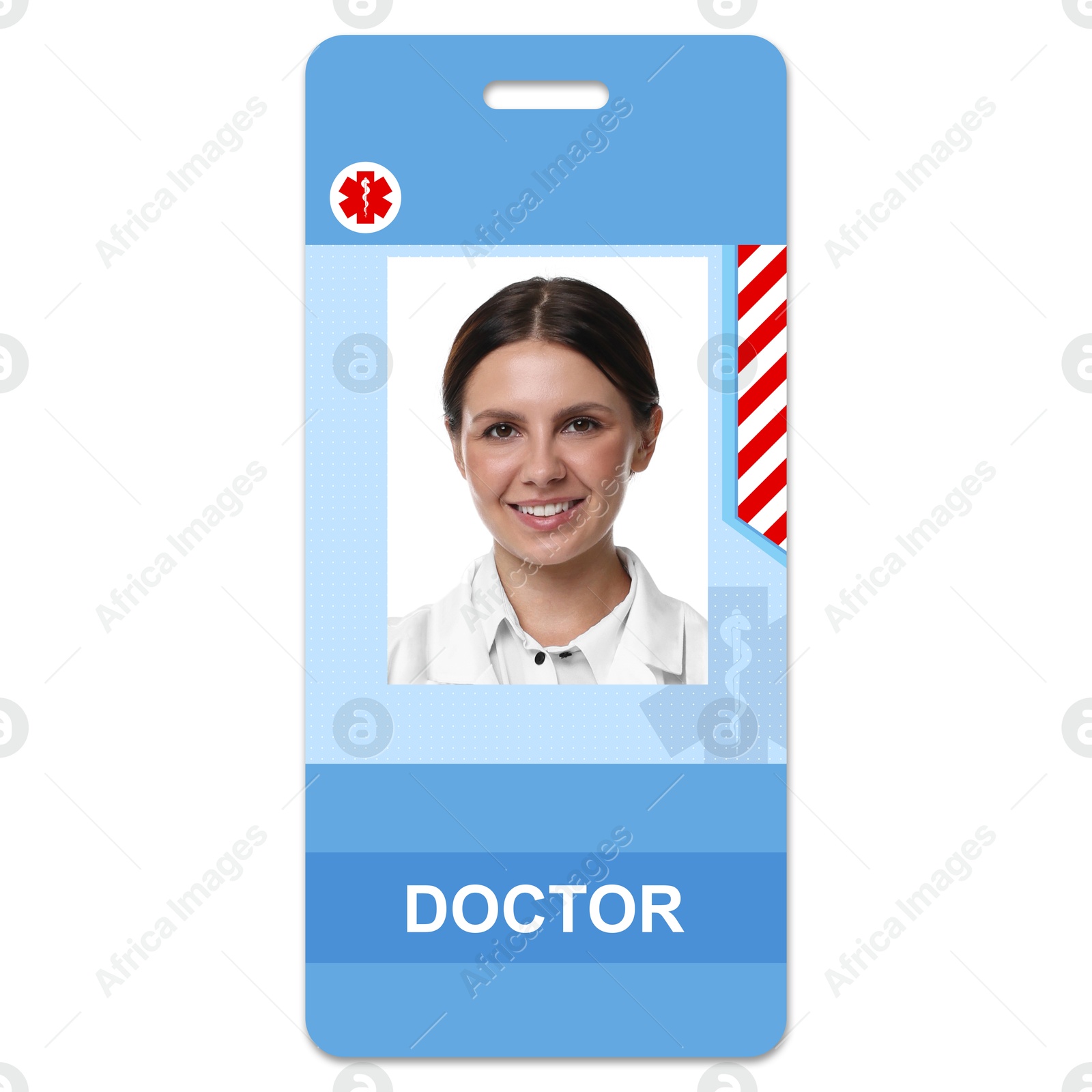 Image of Doctor's badge with photo of woman on white background