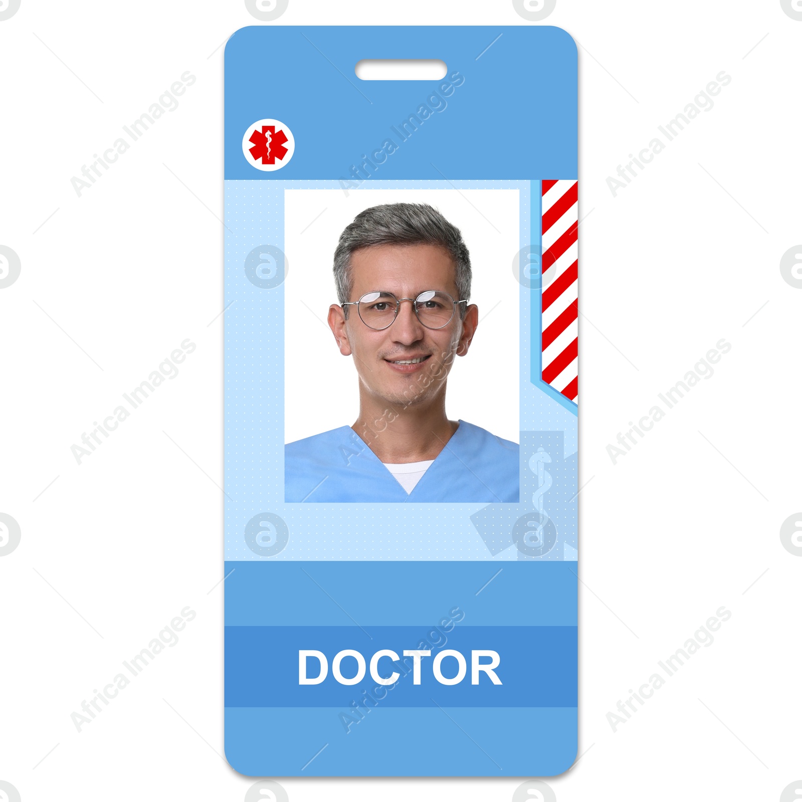 Image of Doctor's badge with photo of man on white background