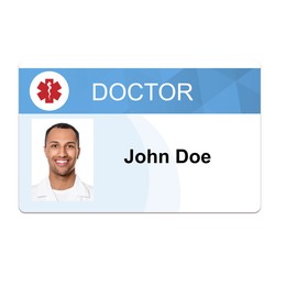 Image of Doctor's badge with photo of man on white background