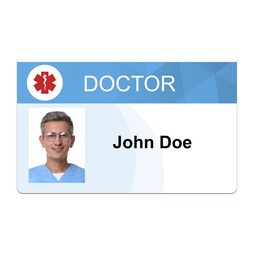 Image of Doctor's badge with photo of man on white background