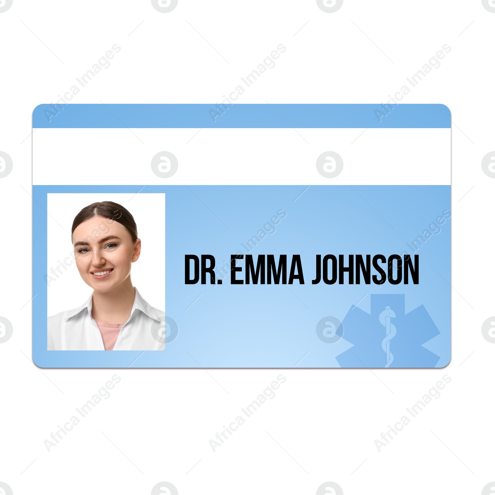 Image of Doctor's badge with photo of woman on white background