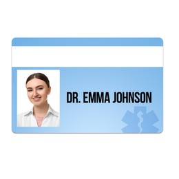 Doctor's badge with photo of woman on white background