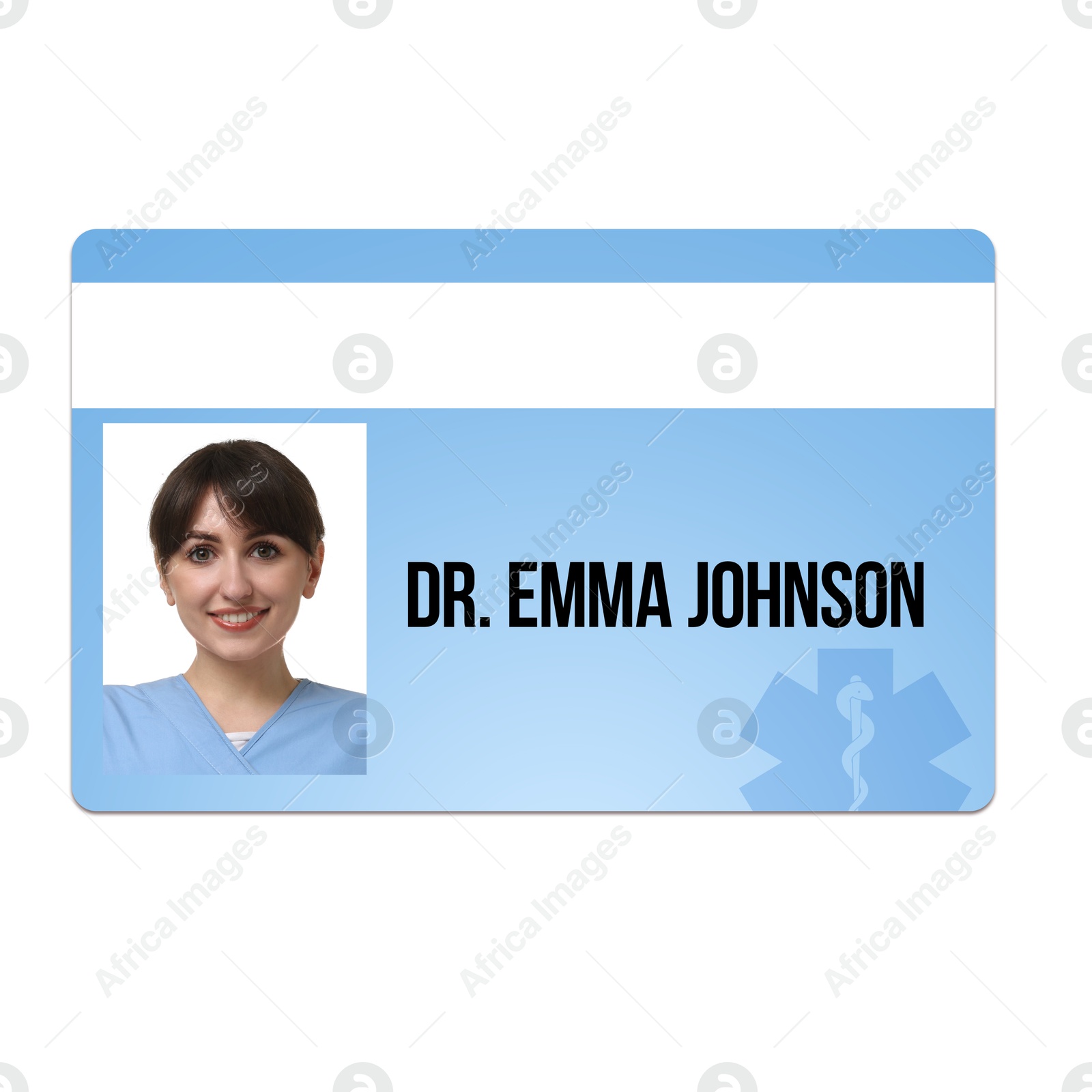 Image of Doctor's badge with photo of woman on white background