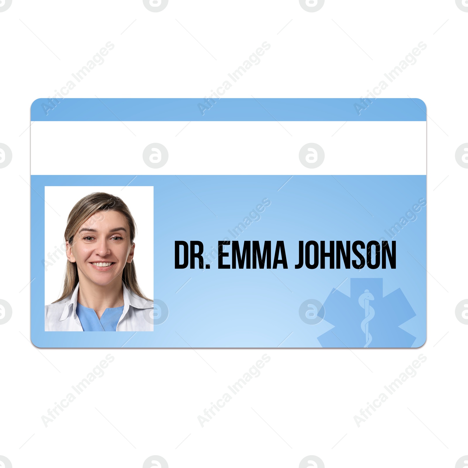 Image of Doctor's badge with photo of woman on white background