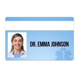 Image of Doctor's badge with photo of woman on white background