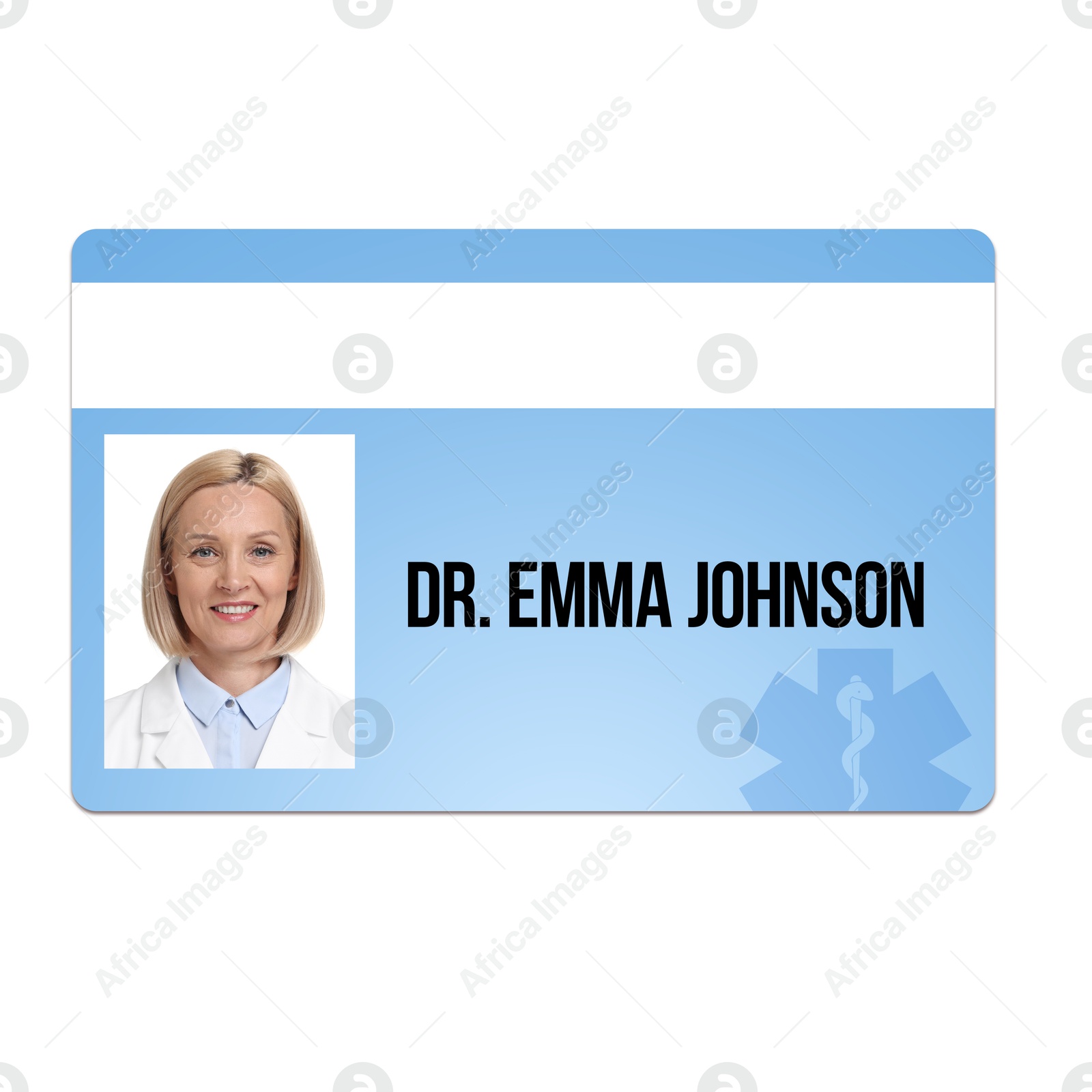 Image of Doctor's badge with photo of woman on white background