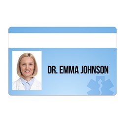 Image of Doctor's badge with photo of woman on white background