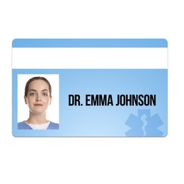 Doctor's badge with photo of woman on white background