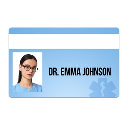 Doctor's badge with photo of woman on white background