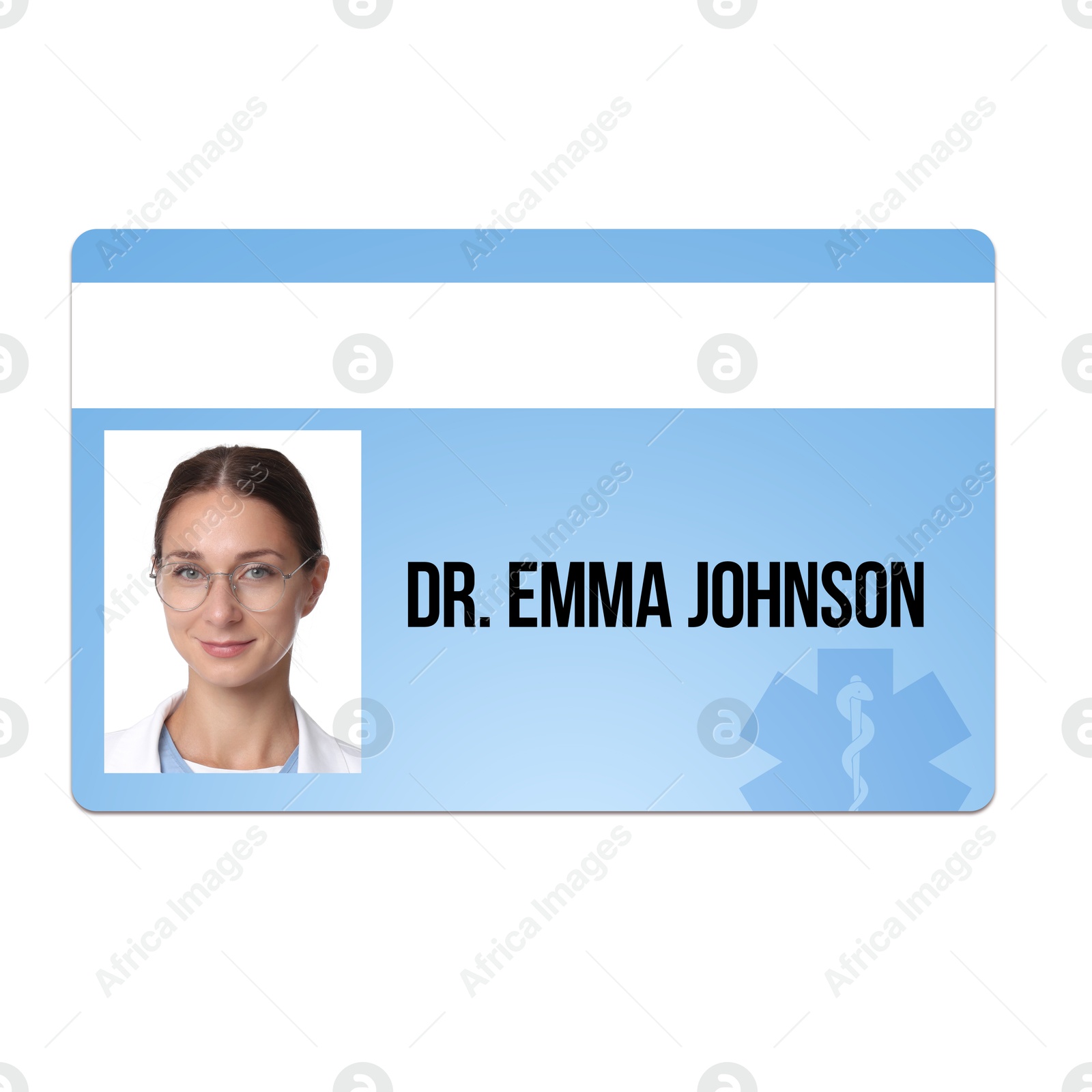 Image of Doctor's badge with photo of woman on white background