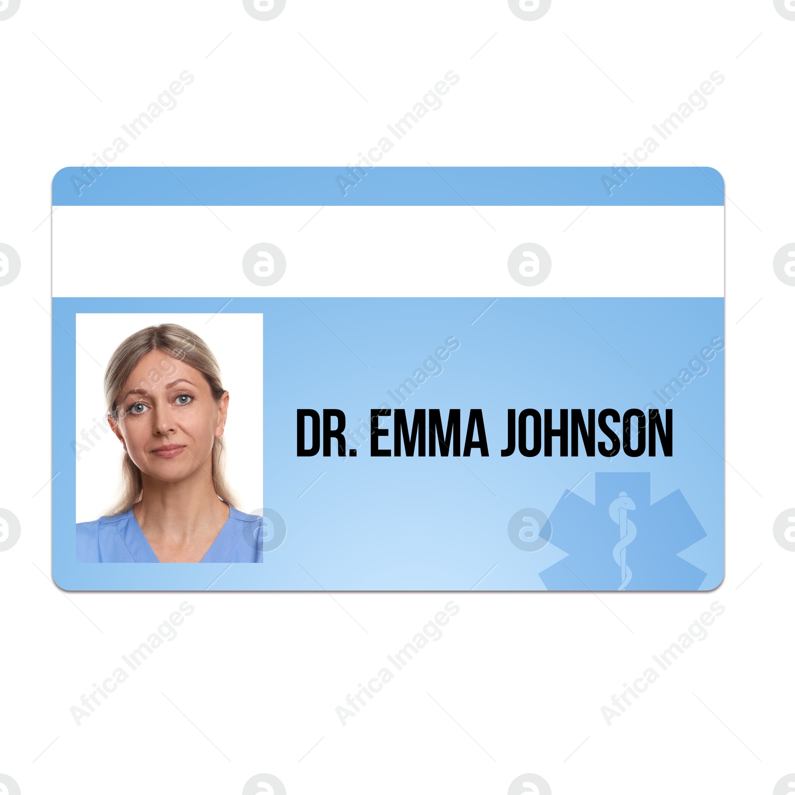 Image of Doctor's badge with photo of woman on white background