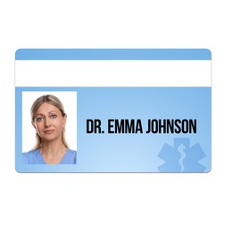 Image of Doctor's badge with photo of woman on white background