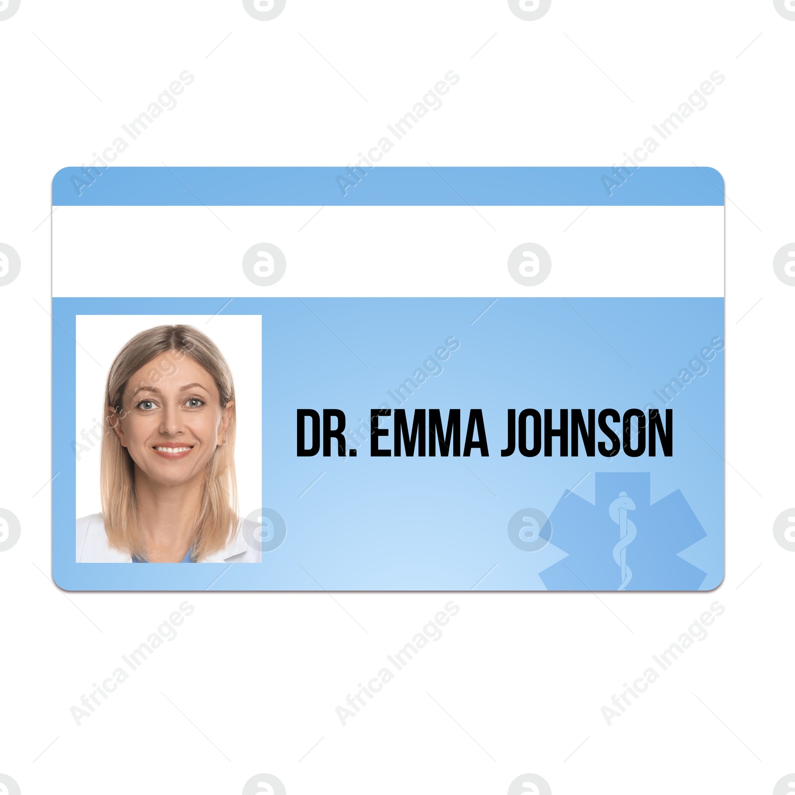 Image of Doctor's badge with photo of woman on white background