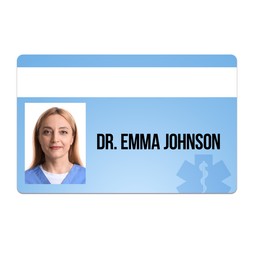 Image of Doctor's badge with photo of woman on white background