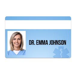 Image of Doctor's badge with photo of woman on white background