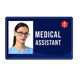 Medical assistant badge with photo of woman on white background