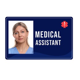 Medical assistant badge with photo of woman on white background