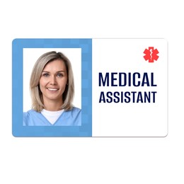 Medical assistant badge with photo of woman on white background