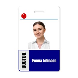 Doctor's badge with photo of woman on white background