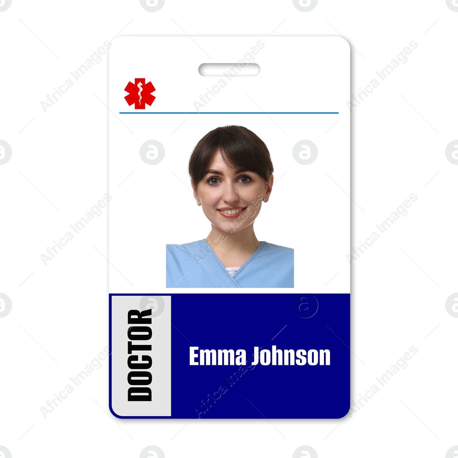 Image of Doctor's badge with photo of woman on white background