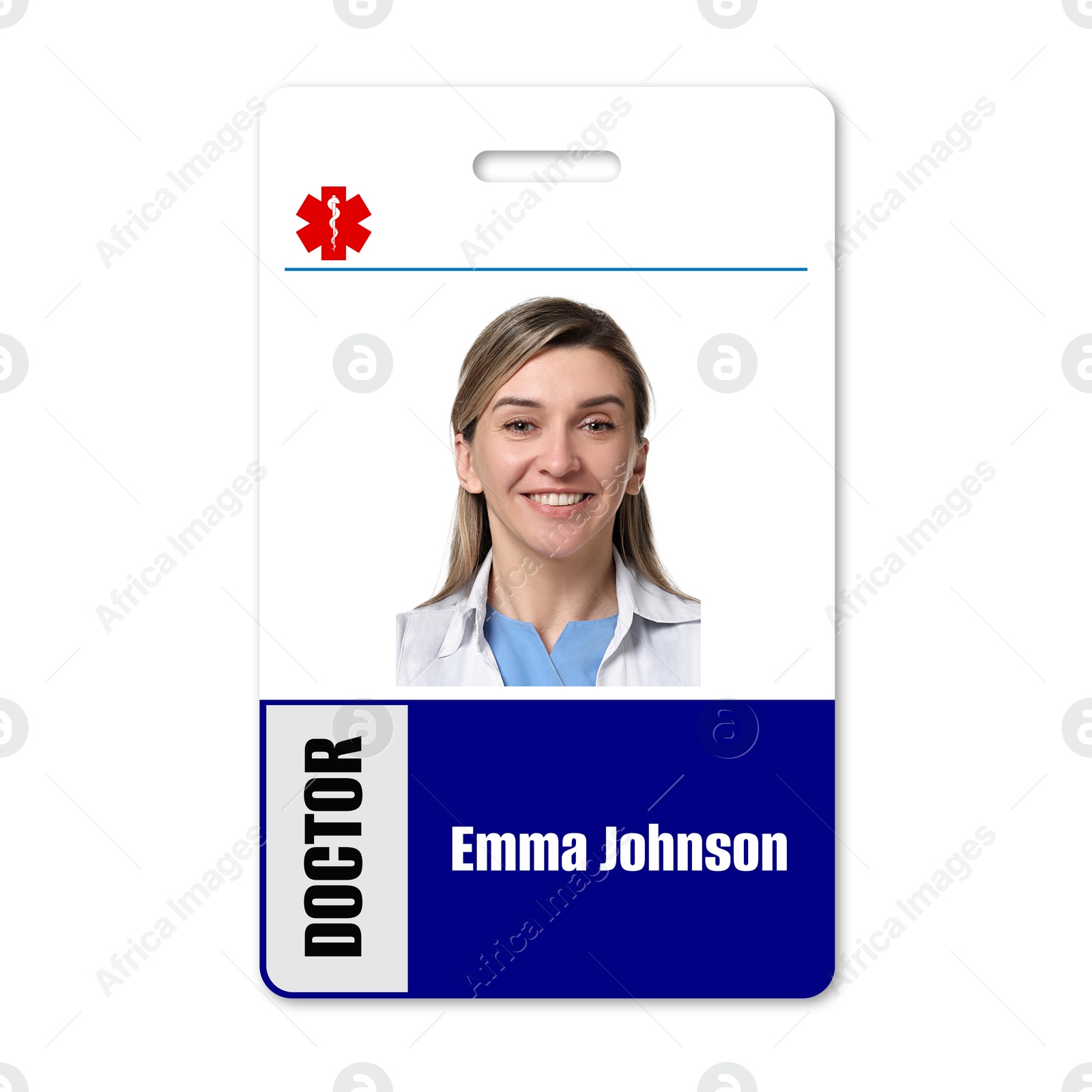 Image of Doctor's badge with photo of woman on white background