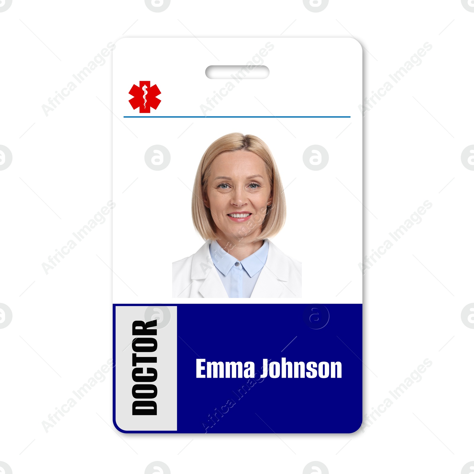 Image of Doctor's badge with photo of woman on white background