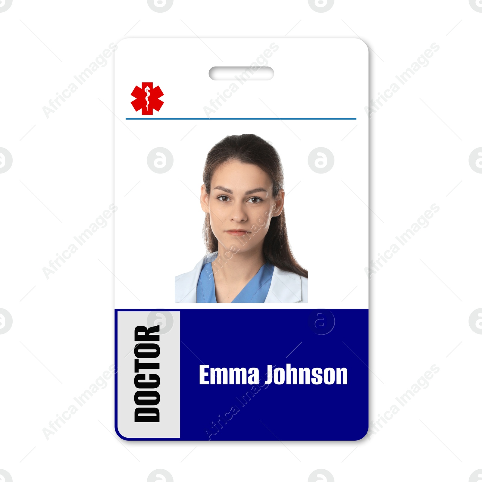 Image of Doctor's badge with photo of woman on white background