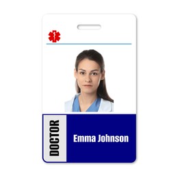 Doctor's badge with photo of woman on white background