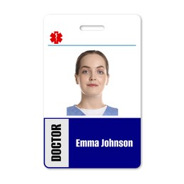 Doctor's badge with photo of woman on white background