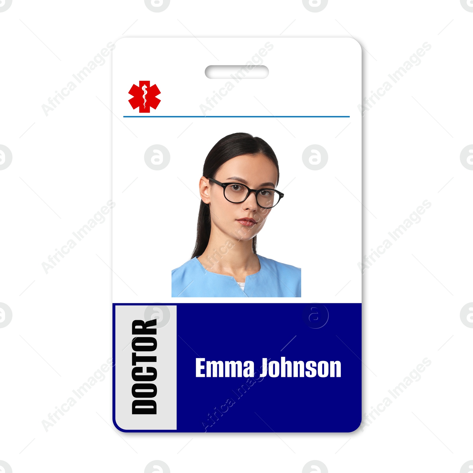 Image of Doctor's badge with photo of woman on white background